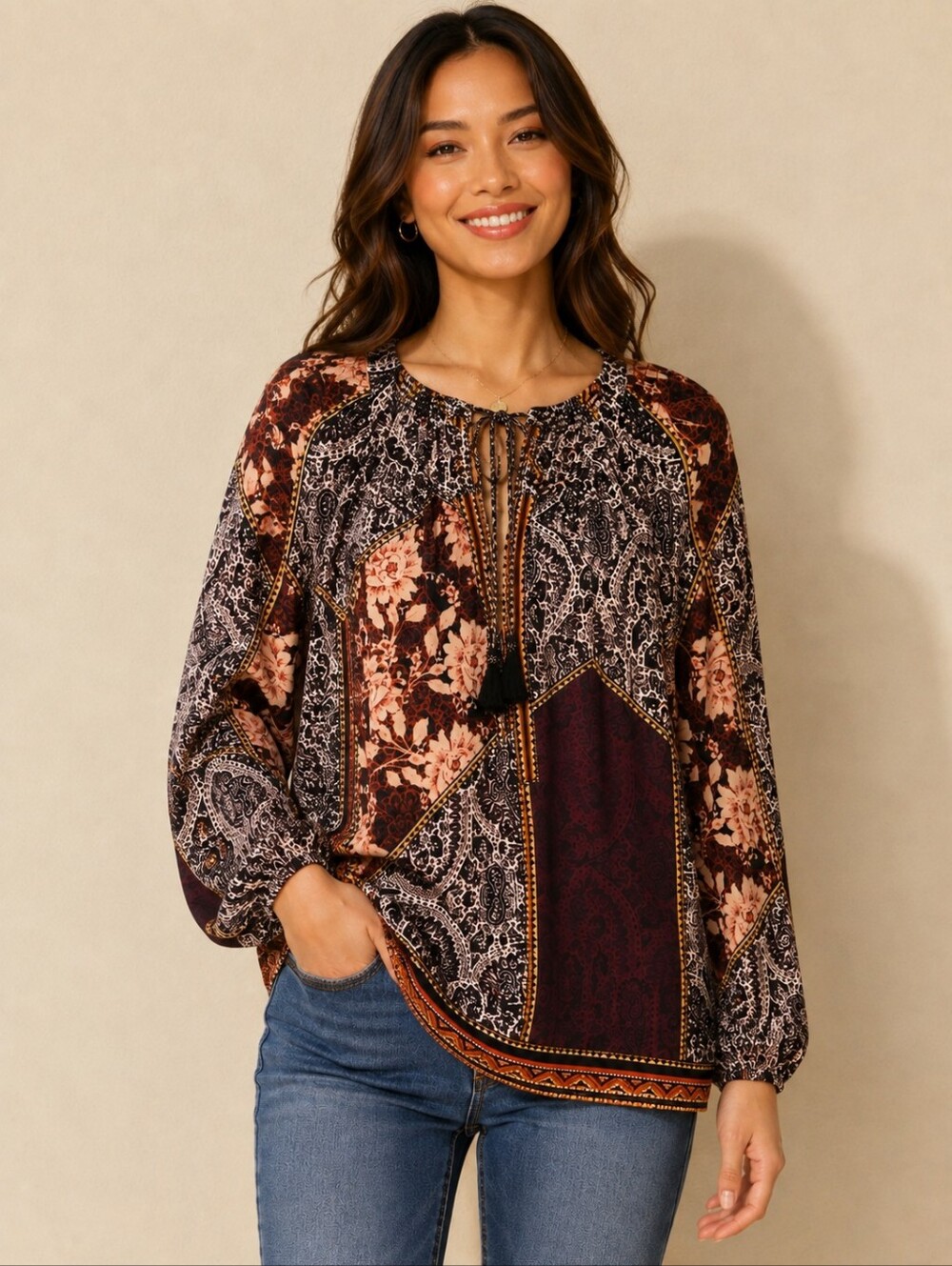 ❤️ NWT! DANIEL RAINN PATCHWORK PRINT FLOWY BOHO TOP, SMALL